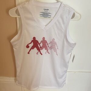 Old Navy White Mesh Basketball Tank with Red Player Graphic